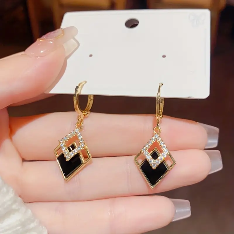 Double Rhombus Zirconia Dangle Earrings – Elegant Zinc Alloy Jewelry for Daily Casual Wear