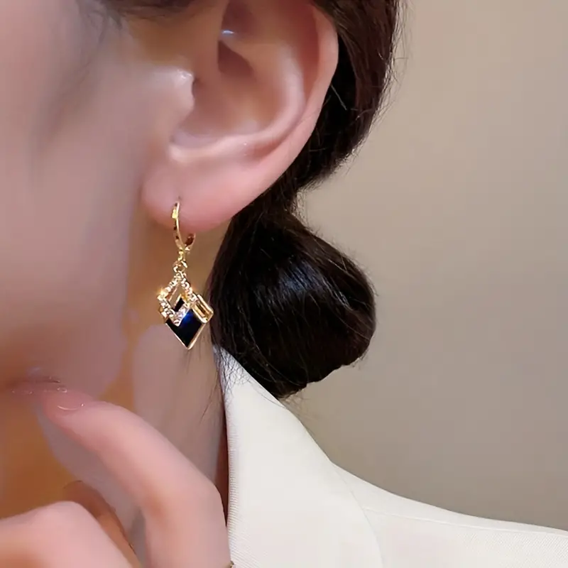 Double Rhombus Zirconia Dangle Earrings – Elegant Zinc Alloy Jewelry for Daily Casual Wear