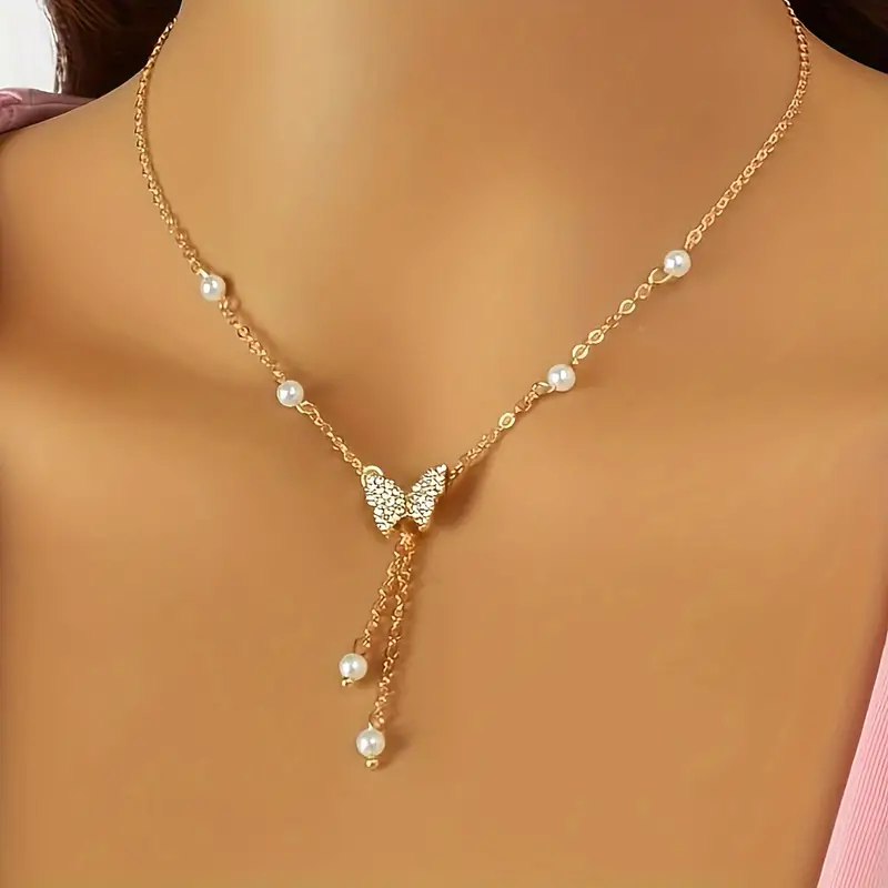 Butterfly Pendant Necklace with Faux Pearls – Elegant Vacation-Style Jewelry for Women